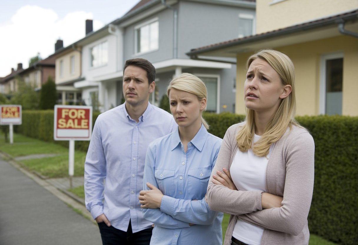 Eine deutsche Mittelklassefamilie steht nachdenklich vor einem Haus in einem Wohngebiet.