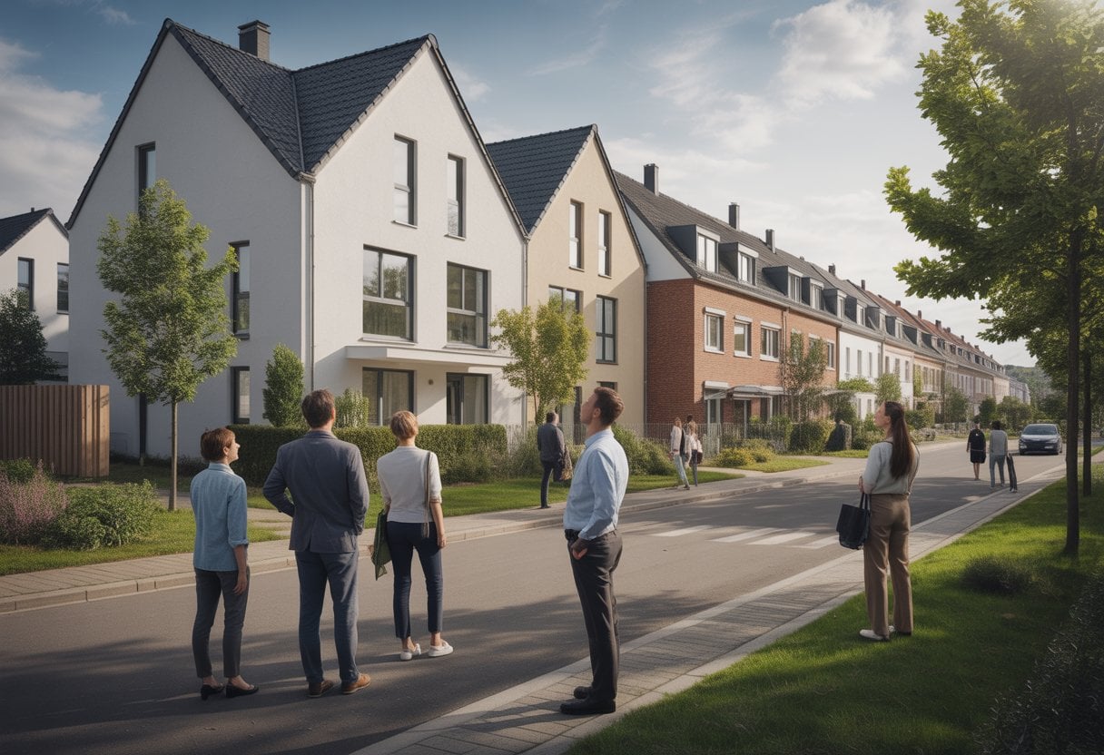 Eine moderne deutsche Wohngegend mit verschiedenen Häusern und Menschen, die nachdenklich auf Immobilien schauen.