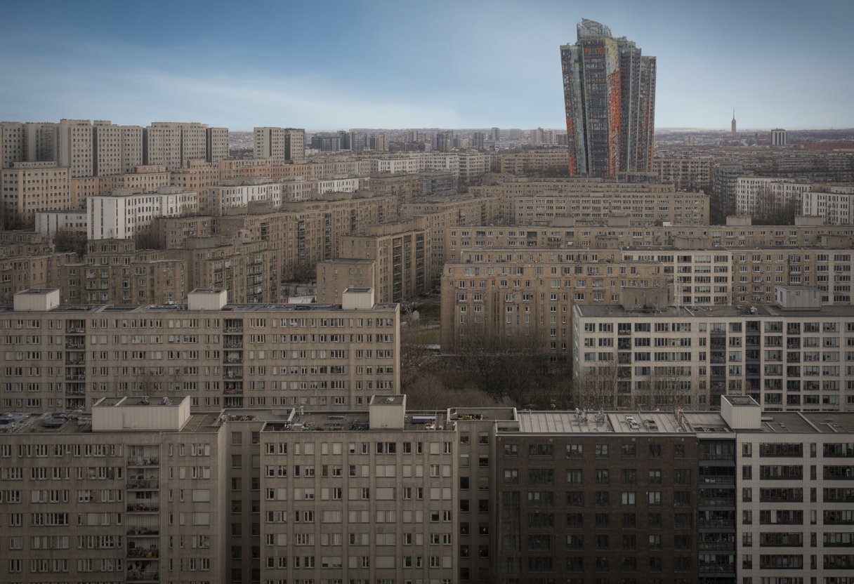 Eine Stadt mit vielen ähnlichen Gebäuden und einem auffälligen modernen Gebäude, das sich deutlich abhebt.