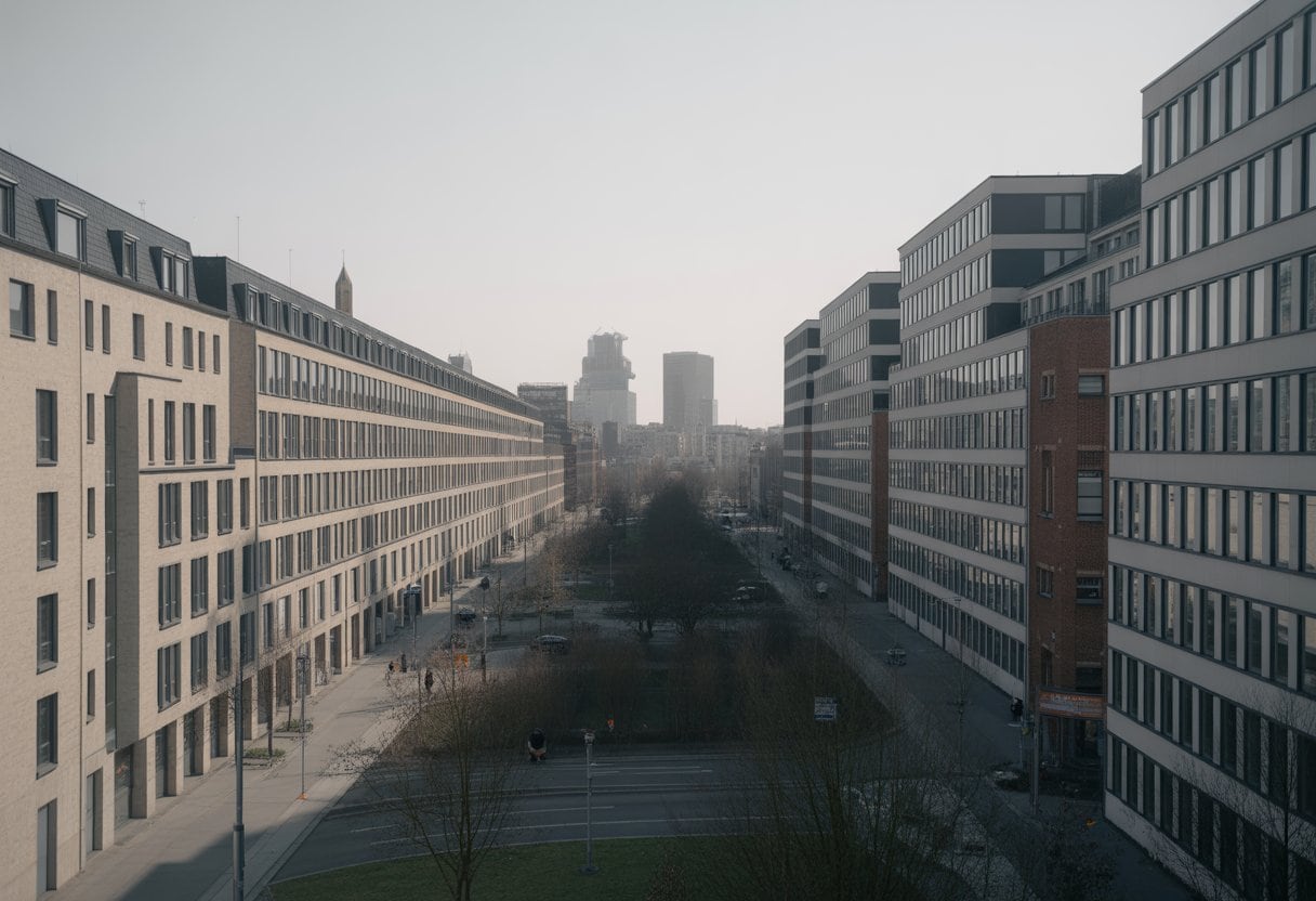 Blick auf eine deutsche Stadt mit vielen ähnlichen, gleichförmigen Gebäuden und wenigen auffälligen Bauwerken.