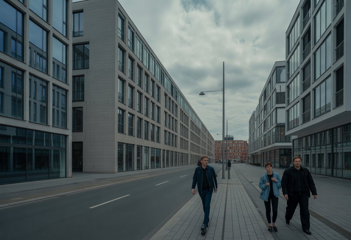 Eine Straße mit neuen Gebäuden in Deutschland, die unattraktiv und eintönig wirken, mit wenigen Fußgängern unter bewölktem Himmel.