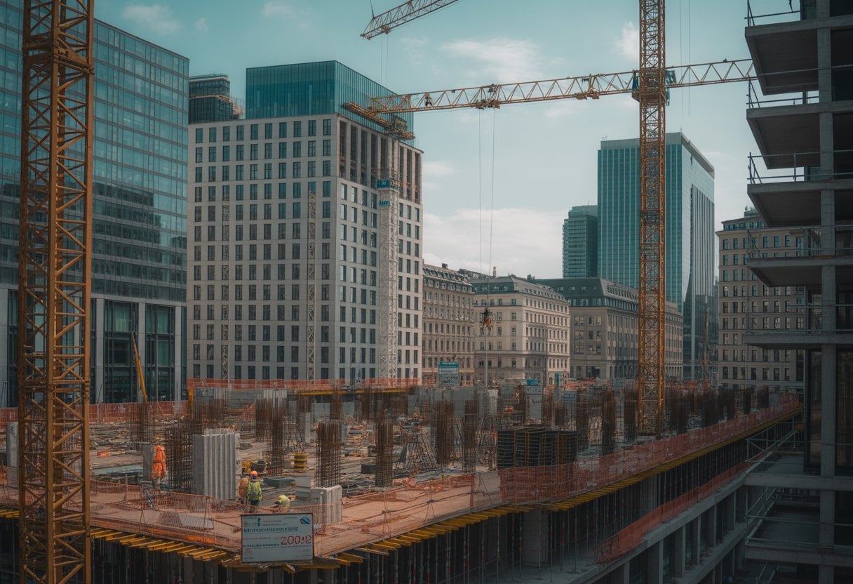 Baustelle in einer deutschen Stadt mit neuen Gebäuden im Bau neben älteren Gebäuden.