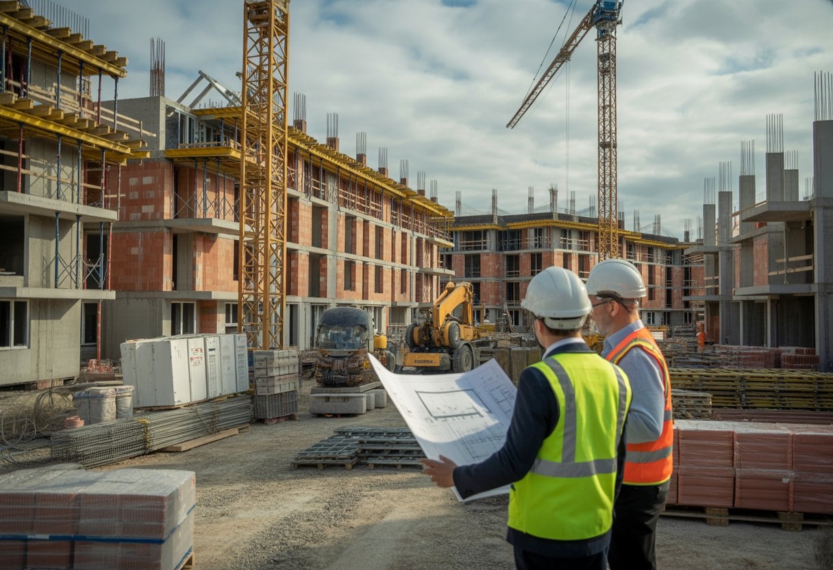 Eine Baustelle mit unfertigen Wohngebäuden, Bauarbeitern und Baumaschinen, auf der ein Bauleiter mit einem Ingenieur spricht.