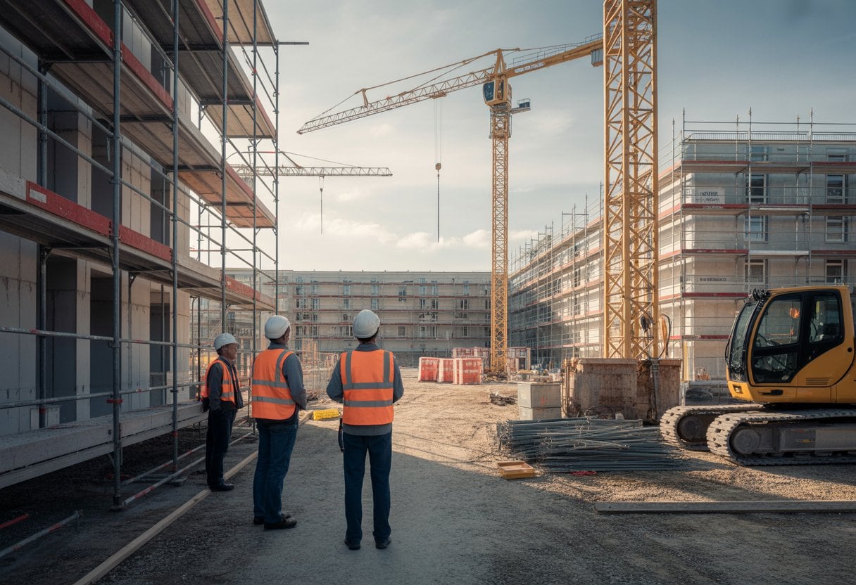 Eine Baustelle mit Bauarbeitern, Baugerüsten und Maschinen, die den Baufortschritt verzögert darstellen.