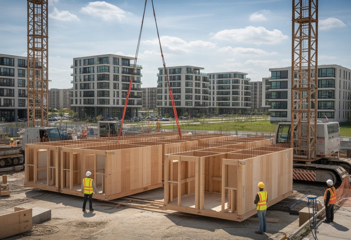 Baustelle mit vorgefertigten Wohnmodulen, Kränen und Bauarbeitern, im Hintergrund moderne Wohngebäude und Grünflächen.
