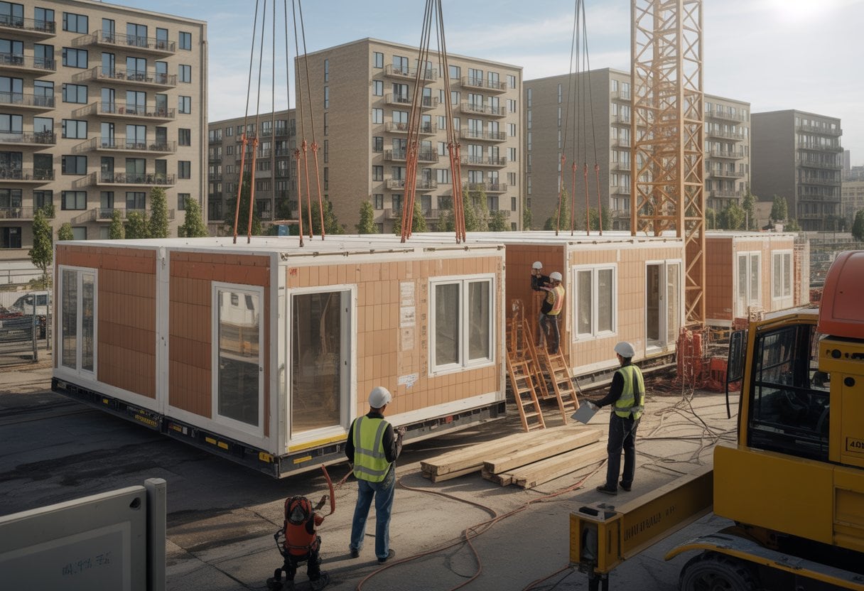 Baustelle mit modularen Wohngebäuden und Bauarbeitern, die Häuser zusammenbauen.