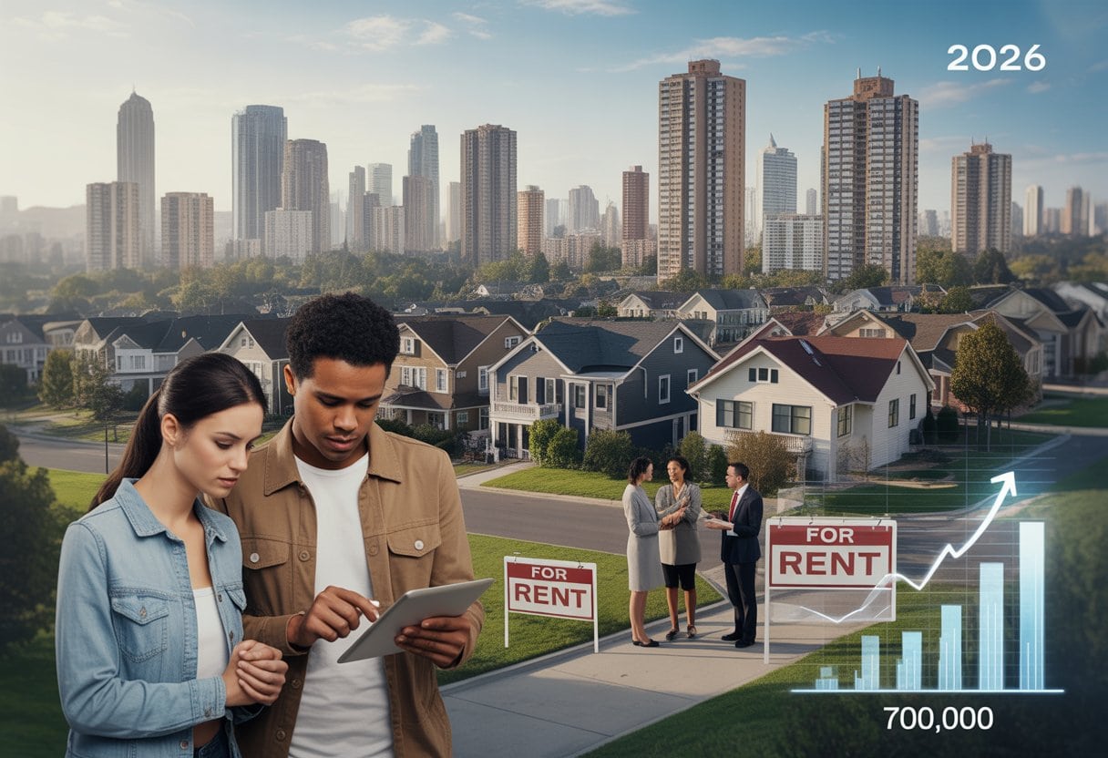 Stadt mit Wohngebäuden, ein besorgtes Paar schaut auf ein Tablet, eine Immobilienmaklerin spricht mit Interessenten vor einem Wohnhaus.