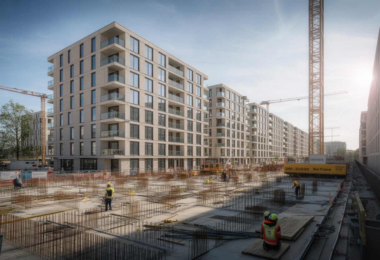 Blick auf eine moderne Baustelle mit mehreren neuen Wohngebäuden und Bauarbeitern in Berlin.