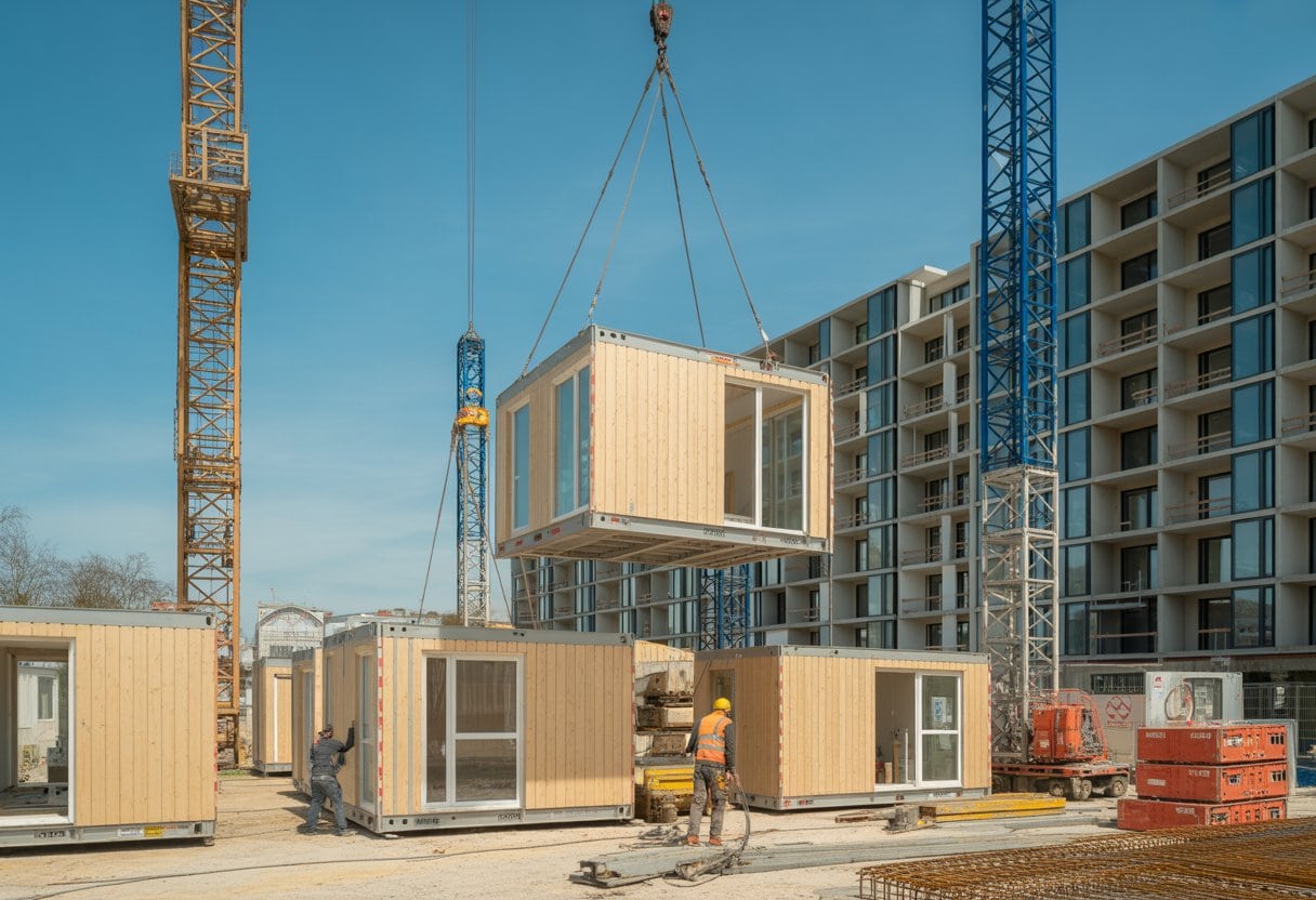 Baustelle mit modularen Wohngebäuden und Bauarbeitern in Berlin, die ein modernes Wohnprojekt errichten.