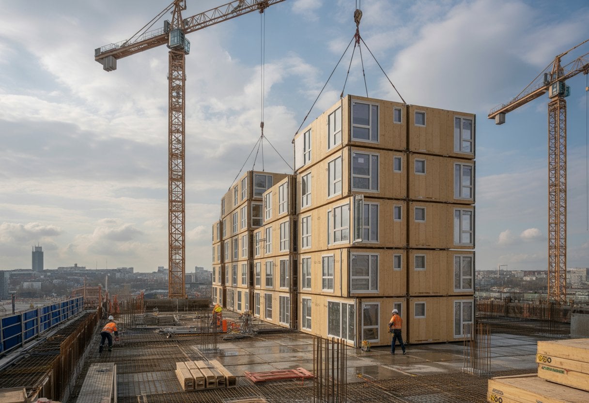 Baustelle mit modularen Wohngebäuden und Bauarbeitern in Berlin im Jahr 2026.