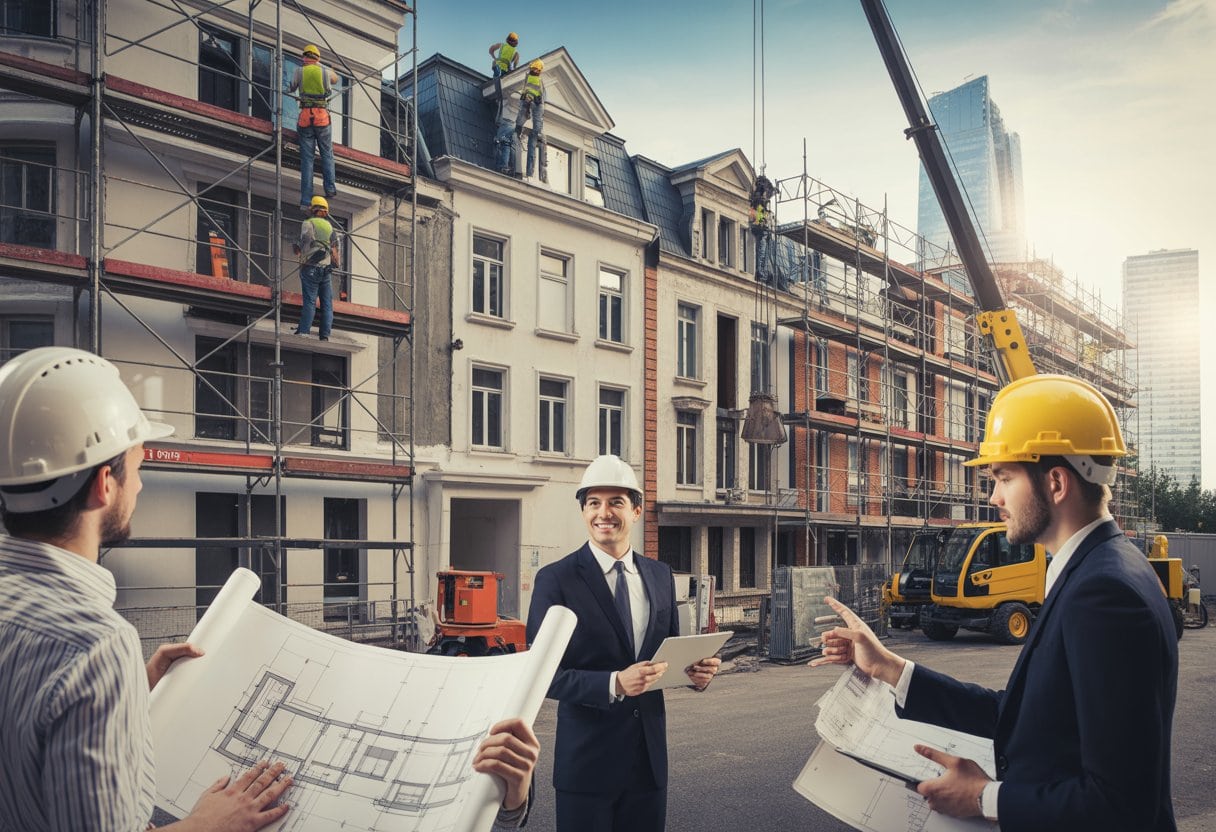 Mehrere Altbauten werden renoviert, Bauarbeiter arbeiten an den Fassaden, während Fachleute Pläne besprechen.