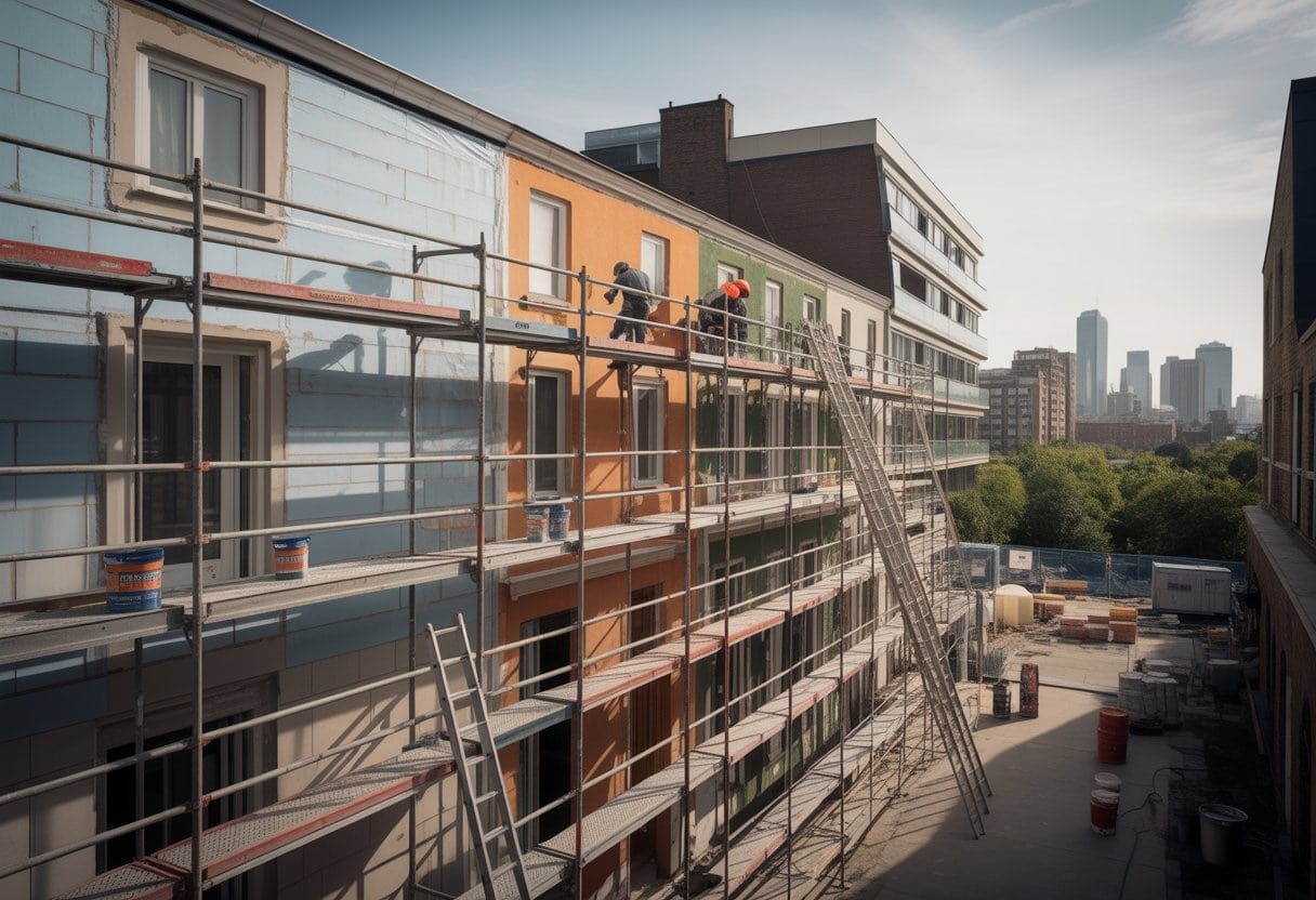 Mehrere alte Wohngebäude werden bei Tageslicht von Arbeitern renoviert, mit Gerüsten und Baumaterialien vor einer Stadtkulisse.
