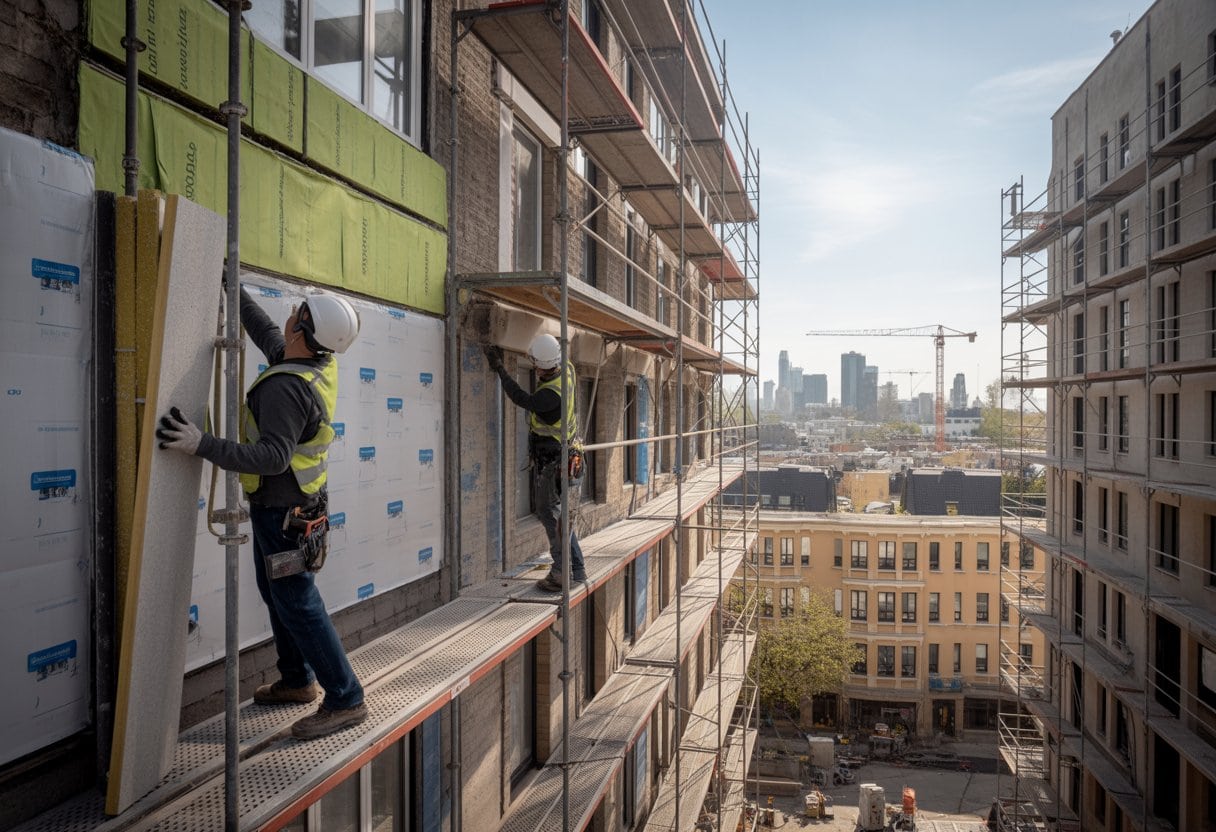 Bauarbeiter renovieren alte Wohngebäude mit Gerüsten und moderner Ausrüstung in einer Stadtlandschaft.