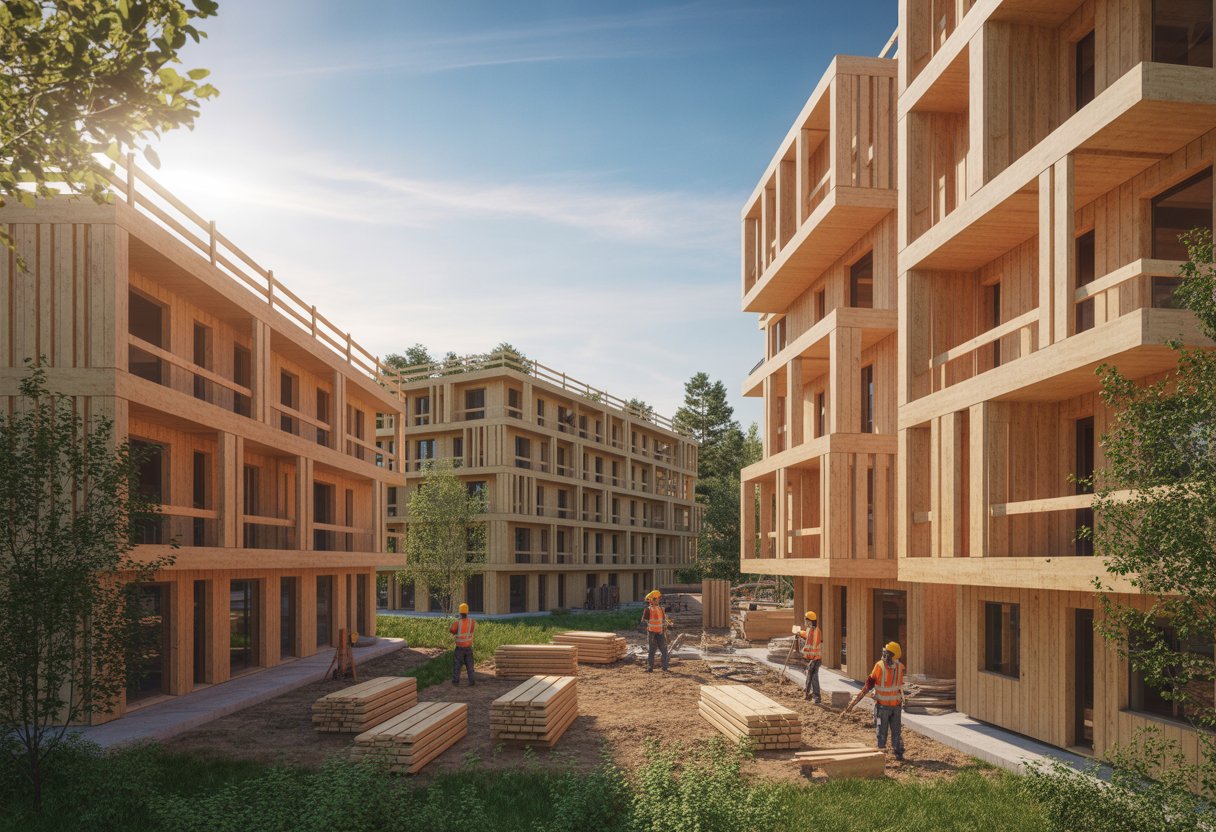 Mehrere moderne Wohngebäude aus Holz im Bau, umgeben von Grünflächen und Bauarbeitern, die an den Holzkonstruktionen arbeiten.