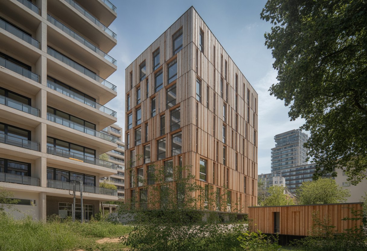 Modernes Wohngebäude aus Holz in einer Stadt mit Beton- und Stahlgebäuden im Hintergrund und grüner Umgebung.