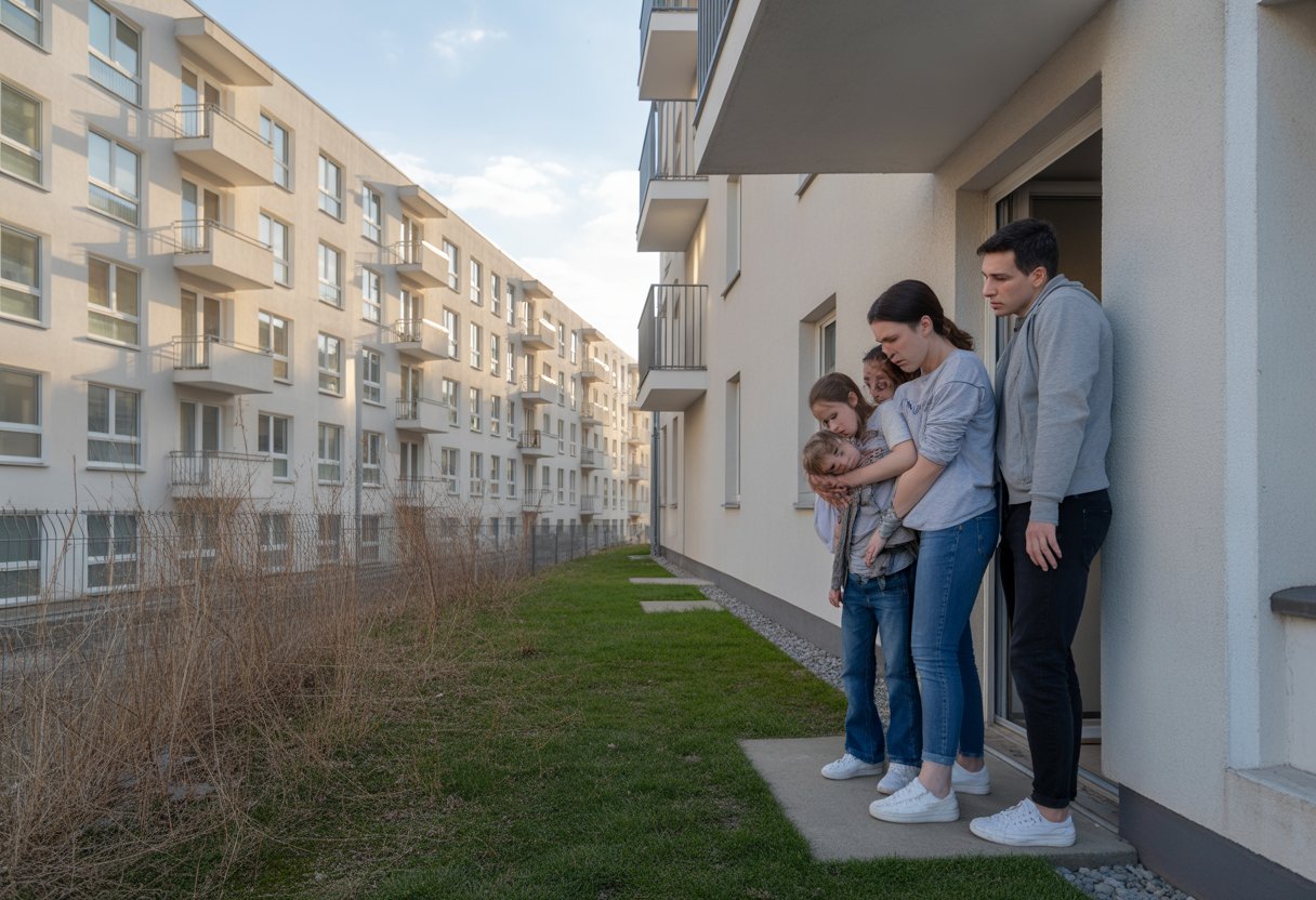 Leere moderne Wohngebäude neben einer besorgten Familie mit Kindern, die vor einem Wohnhaus stehen.
