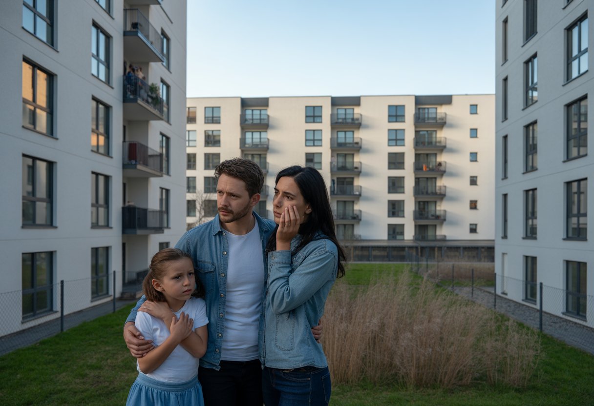 Eine Wohnsiedlung mit mehreren unbewohnten Wohnungen und eine besorgte Familie im Vordergrund.