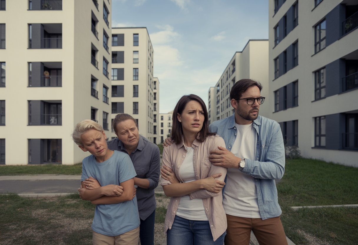 Eine besorgte Familie steht vor mehreren modernen Wohngebäuden mit vielen unbeleuchteten Fenstern, die leer stehen.