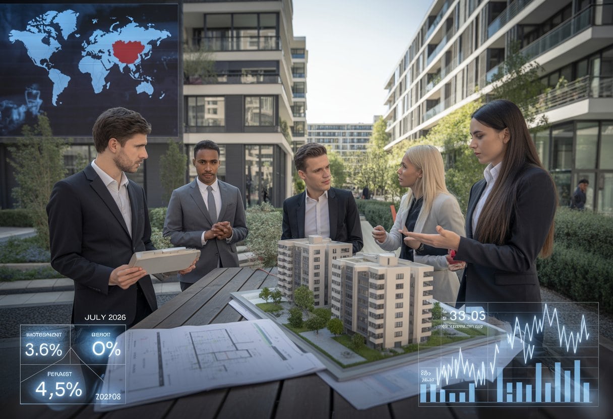 Geschäftsleute besprechen Immobilienfinanzierung vor modernen Wohngebäuden mit Bauplänen und digitalen Geräten.