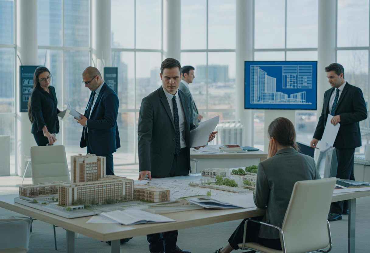 Architekturbüro mit mehreren Personen, die Pläne und Modelle in einem modernen Büro besprechen.
