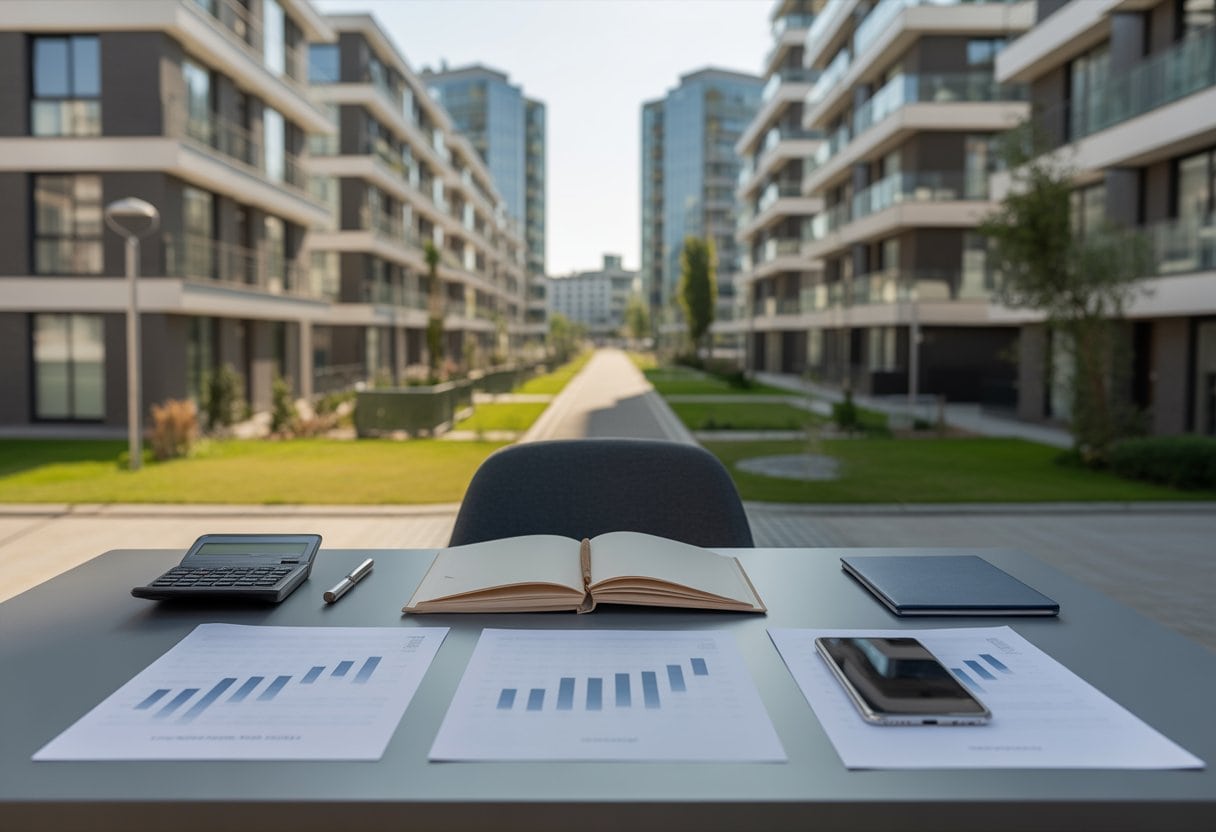 Moderne Wohngebäude und ein Schreibtisch mit Notizbuch, Taschenrechner und Hausschlüsseln.