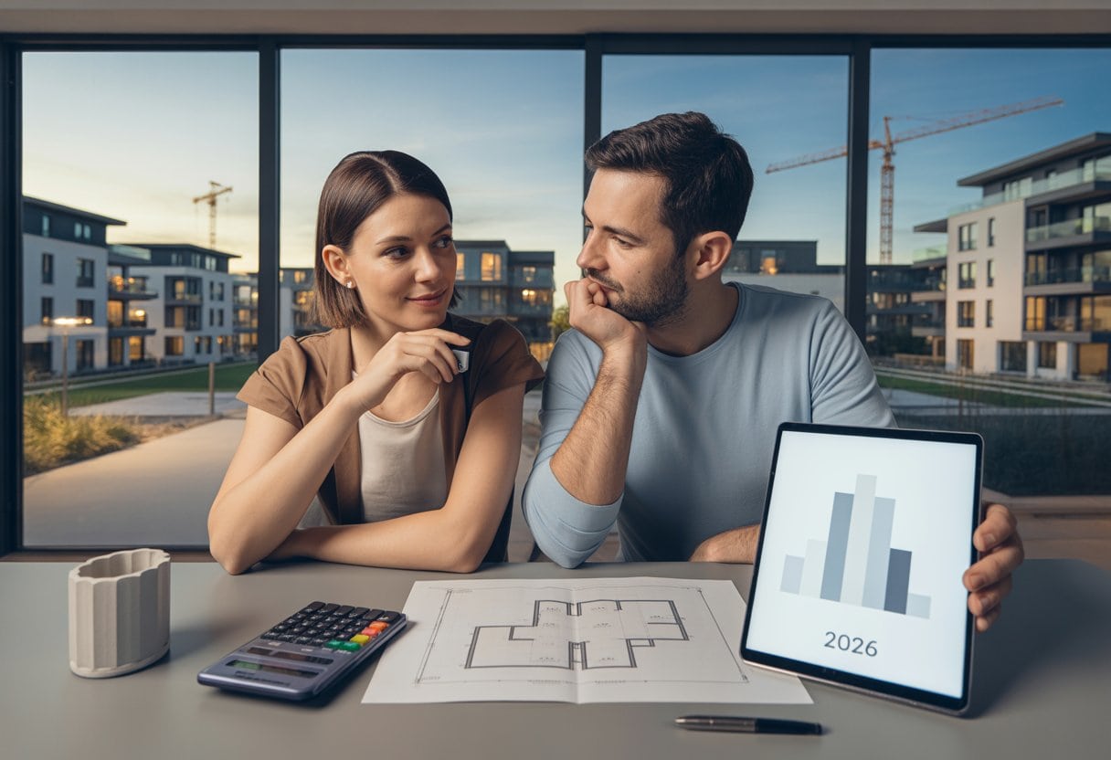 Ein Paar prüft in einer modernen Wohnung gemeinsam Unterlagen zur Immobilienfinanzierung mit Blick auf eine Wohnsiedlung.