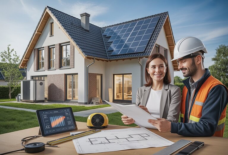 Ein Eigentümer bespricht mit einem Energieberater die Sanierung eines Hauses mit Solaranlage und Wärmepumpe.