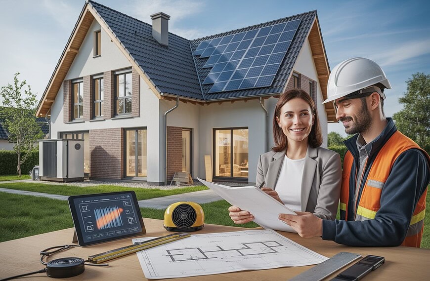 Ein Eigentümer bespricht mit einem Energieberater die Sanierung eines Hauses mit Solaranlage und Wärmepumpe.