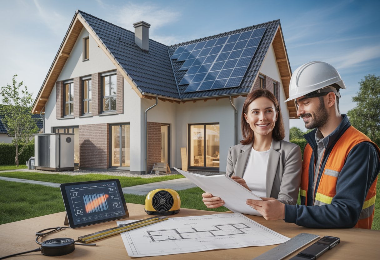 Ein Eigentümer bespricht mit einem Energieberater die Sanierung eines Hauses mit Solaranlage und Wärmepumpe.
