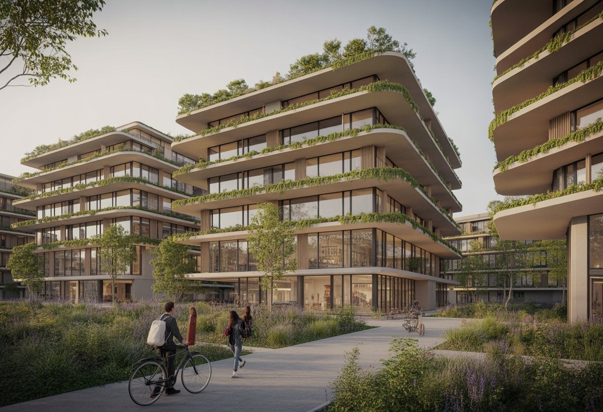 Modernes nachhaltiges Gebäude mit Holzfassade, Solaranlagen, begrünten Terrassen und naturnaher Umgebung.