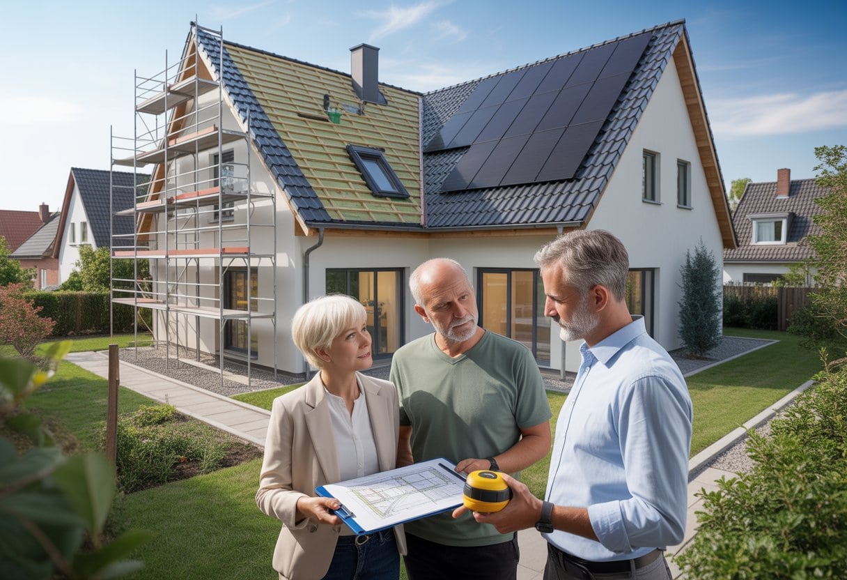 Ein Eigentümerpaar bespricht mit einem Energieberater die Sanierung ihres Hauses.