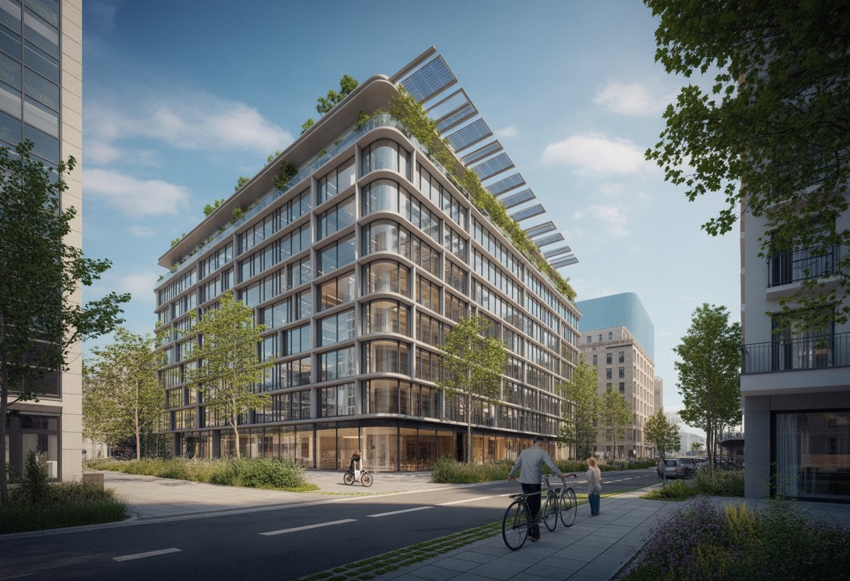 Modernes energiepositives Gebäude mit Solarmodulen, begrünten Fassaden und Dachgärten in einer nachhaltigen Stadtumgebung.