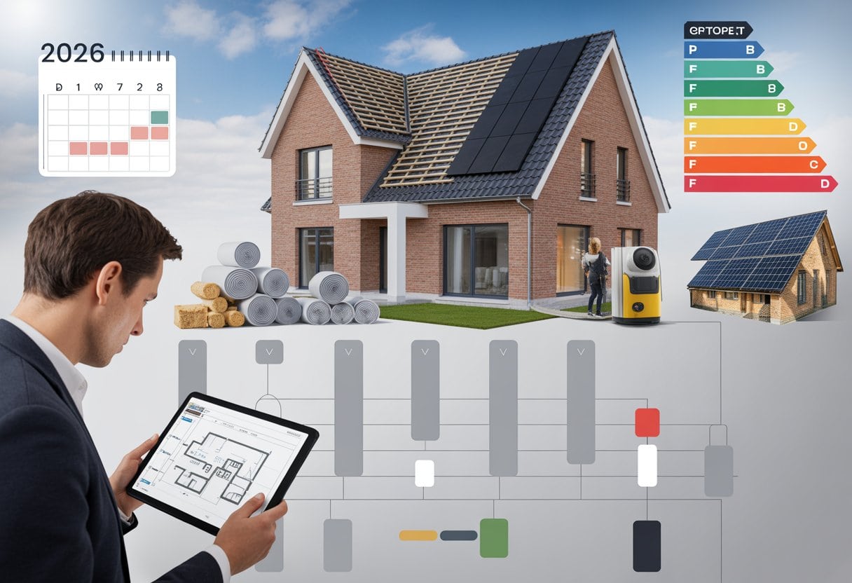 Eigentümer und ein Energieberater planen die energetische Sanierung eines Wohnhauses mit Dämmung, neuen Fenstern, Wärmepumpe und Solaranlage.